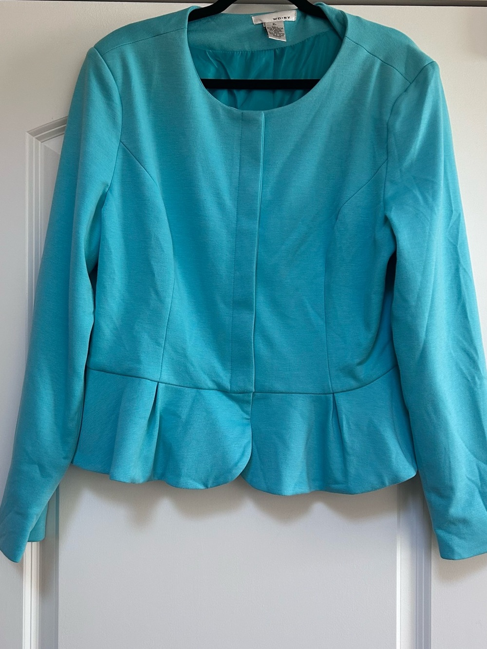 NWOT WD NY Women’s Turquoise Lined Knit Peplum Skirt Jacket XL Snap Front Blazer